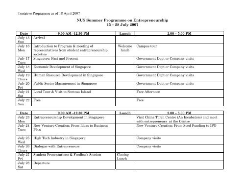 Tentative Programme as of 18 April 2007 NUS Summer Programme ...