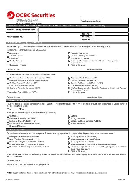 CUSTOMER ACCOUNT REVIEW FOR TRADING ... - OCBC Securities