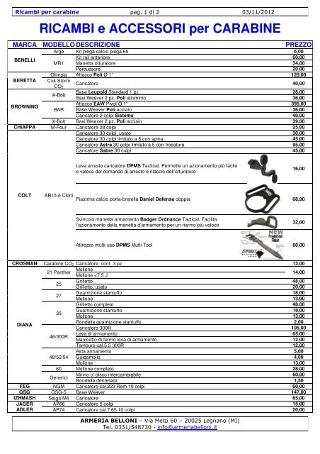 RICAMBI e ACCESSORI per CARABINE - Belloni
