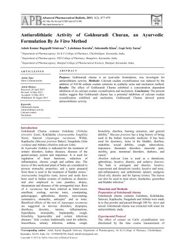 Antiurolithiatic Activity of Gokhsuradi Churan, an Ayurvedic ...