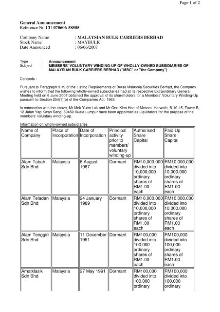 Voluntary Winding Up Of Wholly Owned Subsidiaries