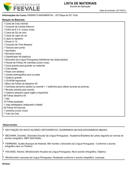 LISTA DE MATERIAIS - Feevale