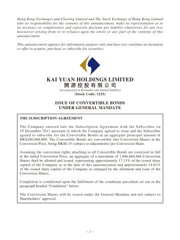 issue of convertible bonds under general mandate - Kai Yuan ...