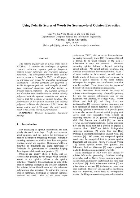 Using Polarity Scores of Words for Sentence-level Opinion Extraction