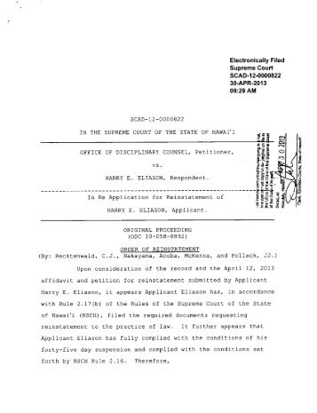 Hawai`i Supreme Court Order of Reinstatement of Harry E. Eliason