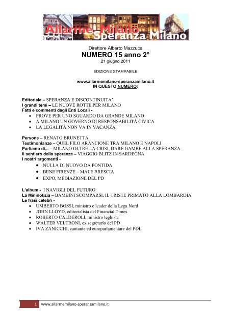 NUMERO 15 anno 2Â° - Allarme Milano - Speranza Milano