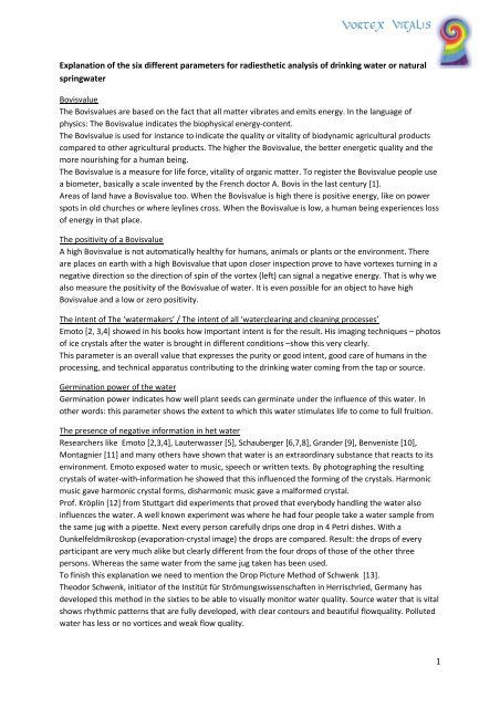 Vortex Vitalis_Explanation of the six different parameters for radiesthetic analysis of drinking water or natural springwater 