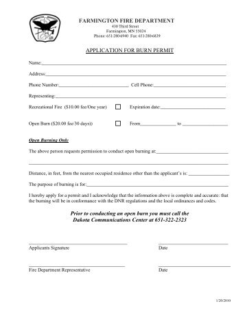 Application for Burn Permit - Farmington, Minnesota