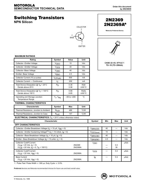 Switching Transistors 2N2369 2N2369A * - Datasheet Catalog