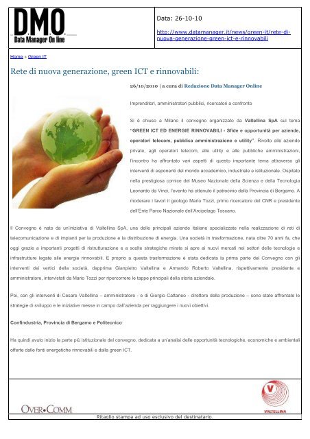 Rete di nuova generazione, green ICT e rinnovabili: - Valtellina S.p.A.