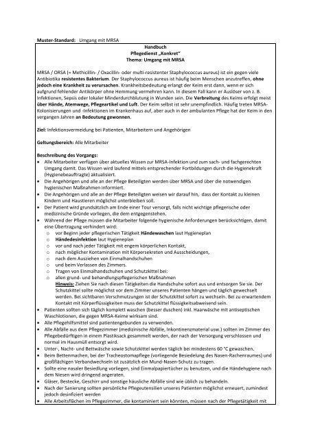 Muster-Standard: Umgang mit MRSA Handbuch Pflegedienst ...