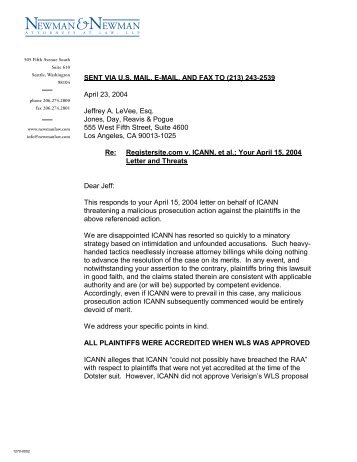 SENT VIA U.S. MAIL, E-MAIL, AND FAX TO (213) 243-2539 ... - icann
