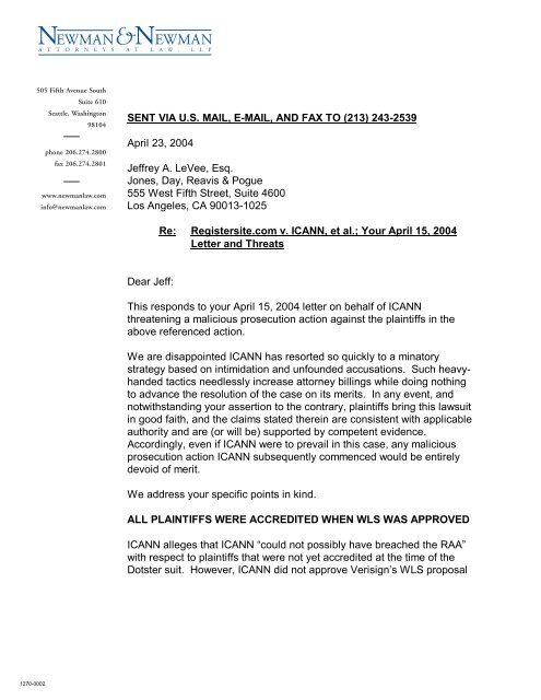 SENT VIA U.S. MAIL, E-MAIL, AND FAX TO (213) 243-2539 ... - icann
