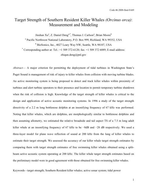 Target Strength of Southern Resident Killer Whales ... - BioSonics, Inc