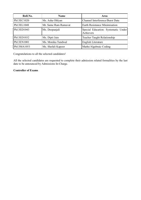 Lingaya's University The finalized list of Ph.D. Candidates Following ...
