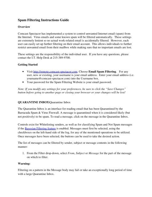 Spam Filtering Instructions Guide Comcast Spectacor