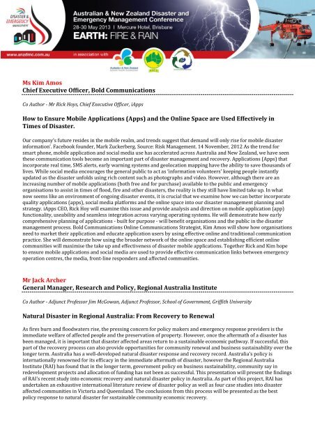 Book of Abstracts 2013 - Australian and New Zealand Disaster ...