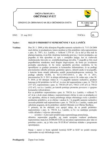 Sklep o pridobitvi nepremičnine v k.o. Lanišče - Občina Škofljica