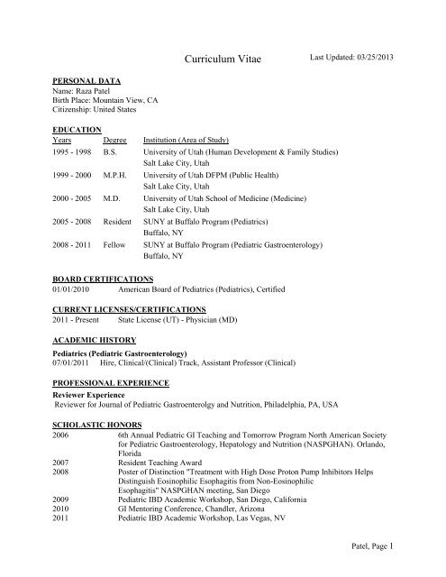 Raza A Patel Md Pediatrics University Of Utah - 