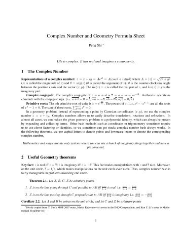 Complex Number and Geometry Formula Sheet - Yufei Zhao