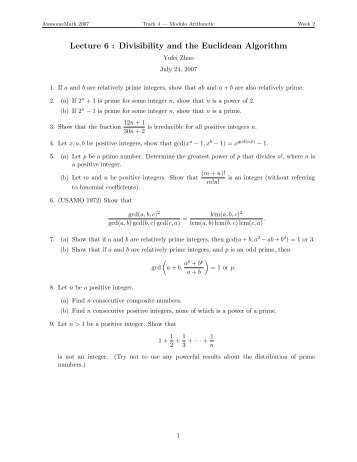 Lecture 6 : Divisibility and the Euclidean Algorithm - Yufei Zhao