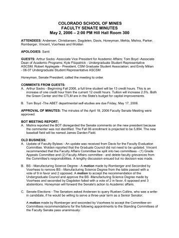 May 2, 2006 - Mines Faculty Senate - Colorado School of Mines
