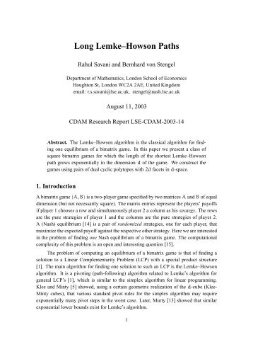 Long Lemke–Howson Paths - Department of Mathematics