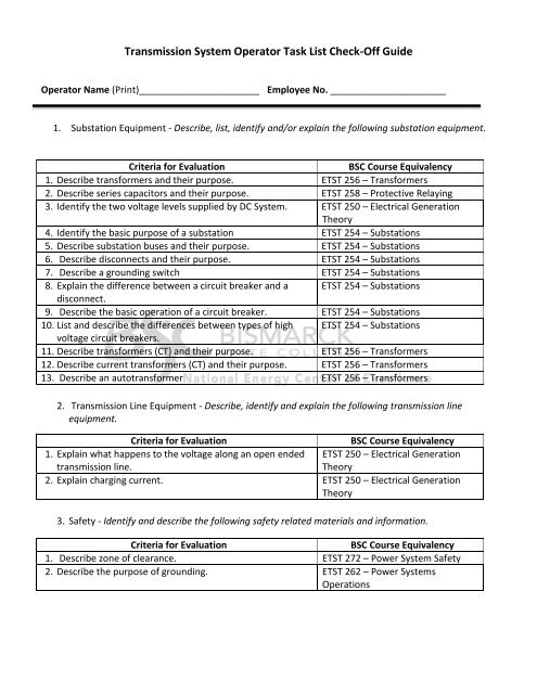 Transmission System Operator Task List Check-Off Guide