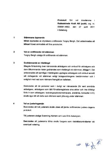 Protokoll vid Ã¥rsstÃ¤mma i Rabbalshede Kraft AB (publ), org. nr ...