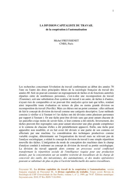 1 LA DIVISION CAPITALISTE DU TRAVAIL de ... - Michel Freyssenet