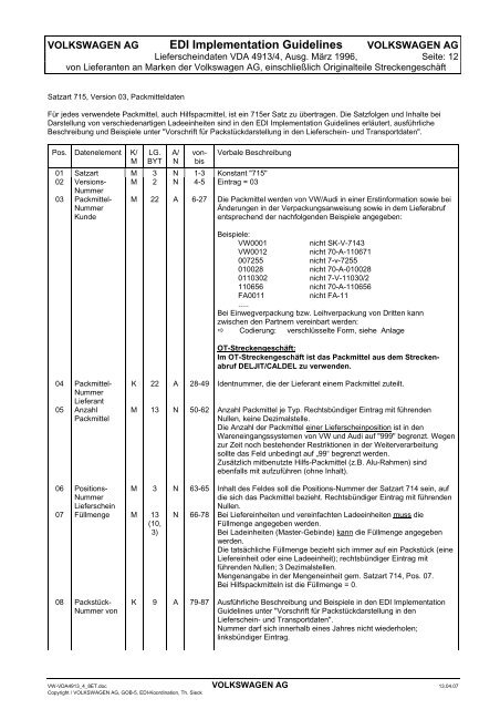 Satzbeschreibung VDA 4913, aufbereitet fÃ¼r Guidelines - barok.org
