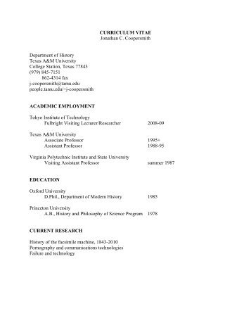 CURRICULUM VITAE Jonathan C. Coopersmith Department of ...