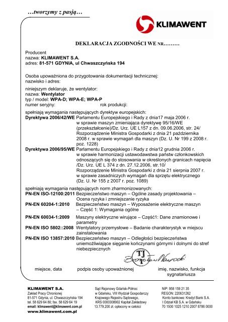Deklaracja WE - Klimawent Gdynia