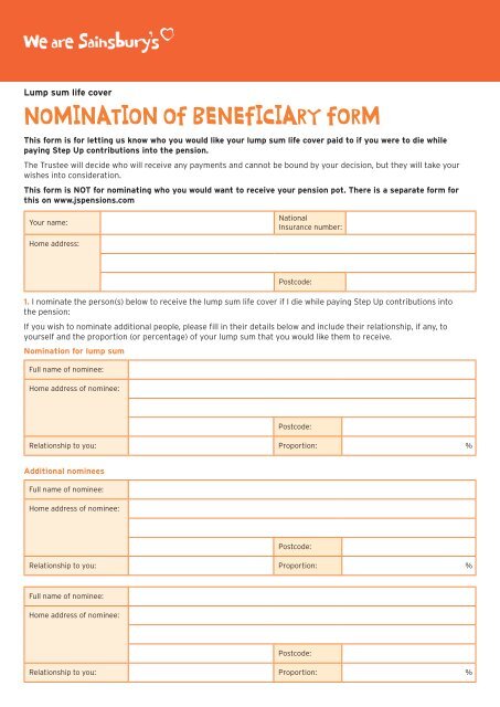 NOMINATION OF BENEFICIARY FORM - Sainsburys Pensions