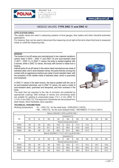 NEEDLE VALVES, TYPE ZWZ 11 and ZWZ 12