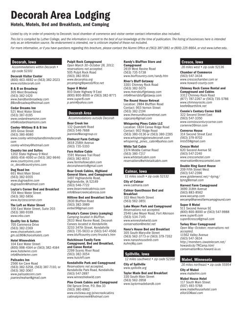 A Regional Lodging Guide List Decorah Iowa