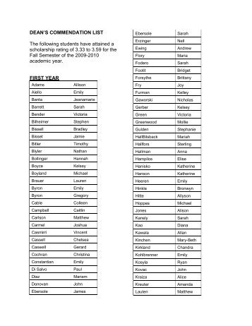 DEAN'S COMMENDATION LIST The following  students have ...