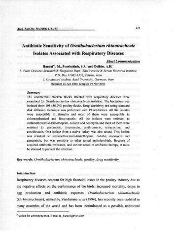 Antibiotic Sensitivity of Ornithobacterium rhinotracheale Isolates ...