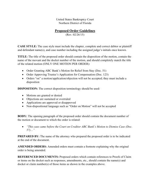 Proposed Orders Guidelines US Bankruptcy Court Proposed Orders Guidelines US Bankruptcy Court