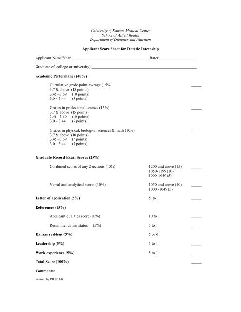 Application Scoresheet