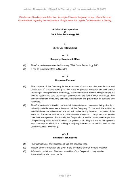 Articles of Incorporation of SMA Solar Technology AG (version dated ...
