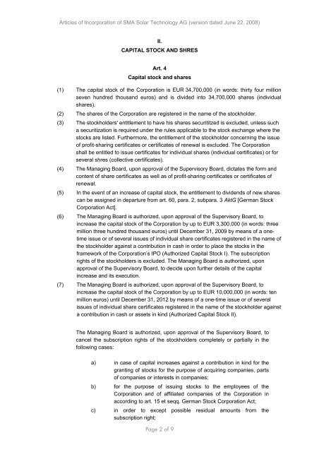 Articles of Incorporation of SMA Solar Technology AG (version dated ...