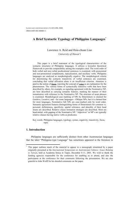 A Brief Syntactic Typology of Philippine Languages - Academia Sinica