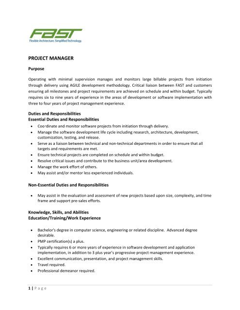 Fun Fast Project Job FAST Job - Project Manager