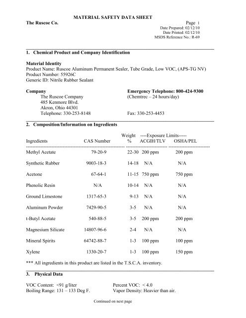 MATERIAL SAFETY DATA SHEET The Ruscoe ... - Service Partners