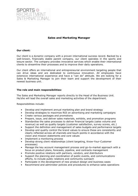 Sales and Marketing Manager - Sports Recruitment International