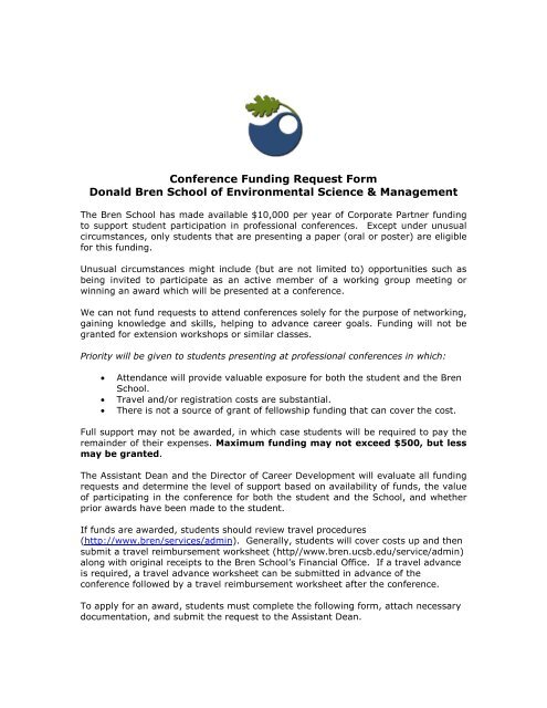 Conference Funding Request Form - Bren School of Environmental 