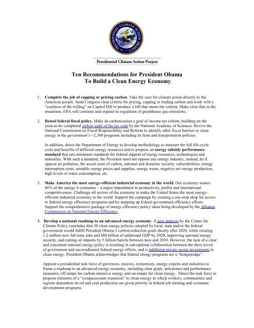 PCAP Plan Two Page Summary - Presidential Climate Action Project