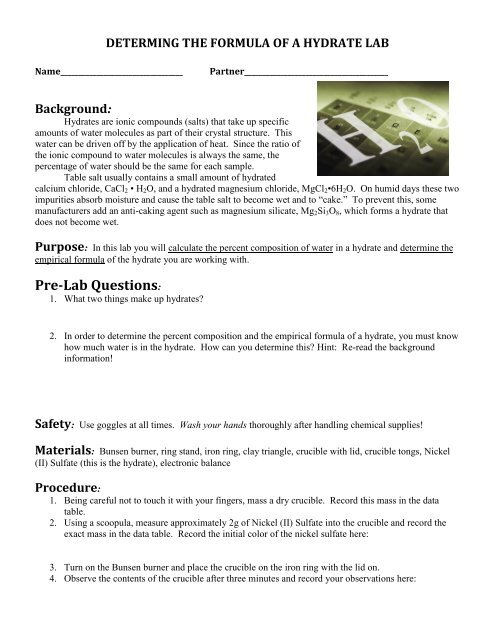 percent water in a hydrate identification of an unknown