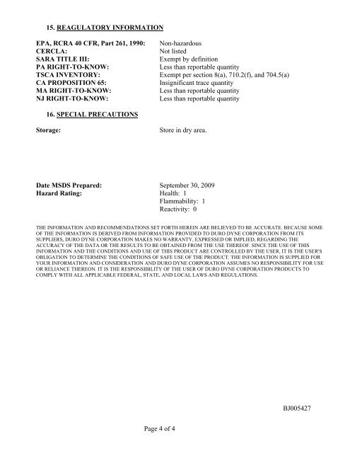 MATERIAL SAFETY DATA SHEET Prepared by Duro Dyne ...